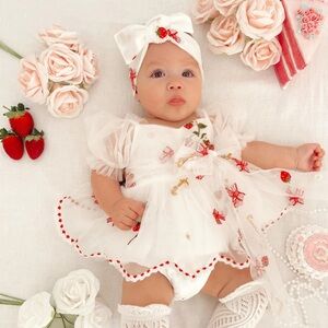 White Dress with Strawberry Embroidery
